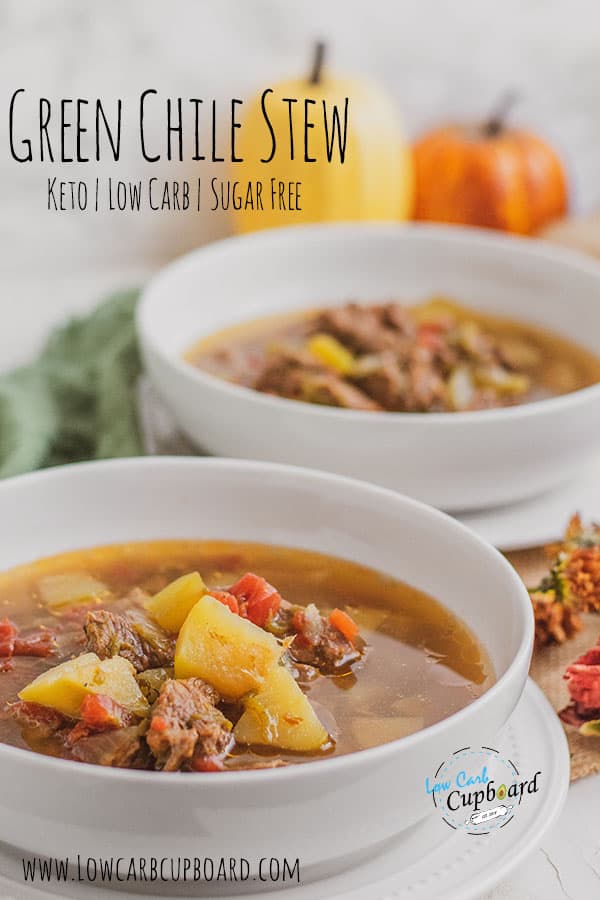 Keto Green Chile Stew is the perfect low carb soup. The spicy green chile, soft chayote and warm broth makes this recipe delicious! #ketosoup #greenchilestew