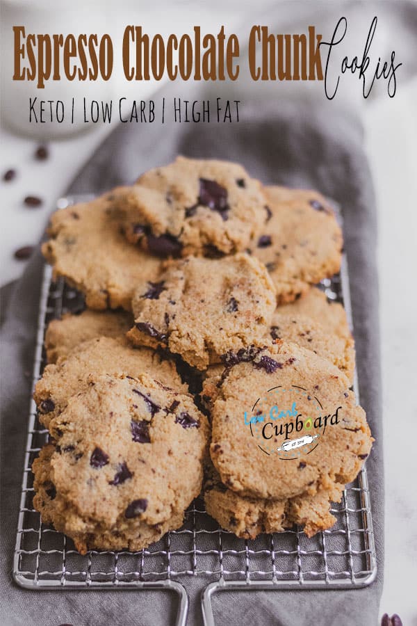 Easy to make keto espresso chocolate chunk cookies recipe is delicious. This recipe is low carb and the perfect keto dessert. #ketocookies #chocolatechunkcookies
