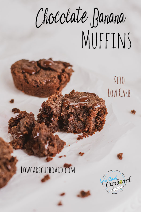 A delicious moist and fudgy Chocolate Banana Muffin keto recipe. Double chocolate chip keto dessert recipe that is low carb and easy to make.  #ketomuffins #chocolatebananamuffins