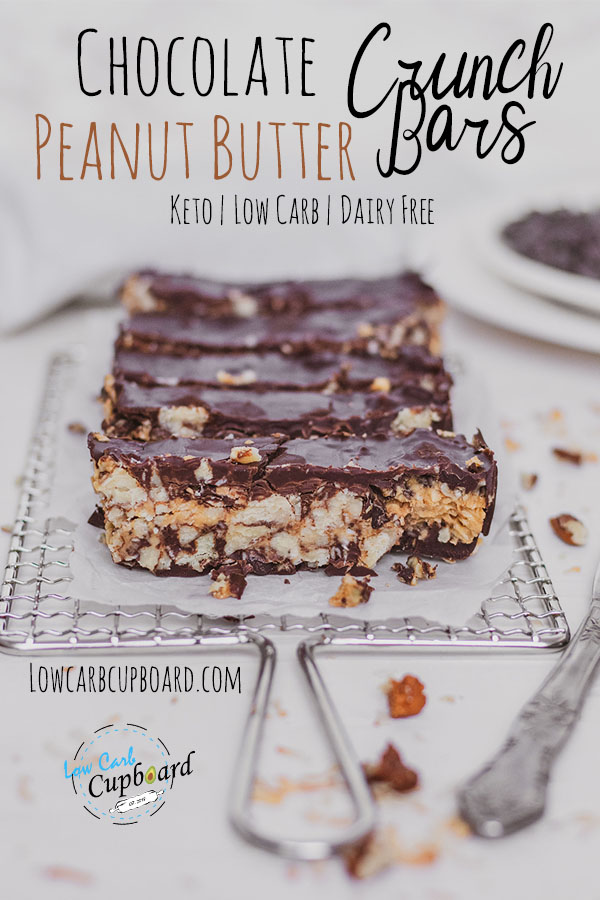 Keto chocolate peanut butter crunch bars are so easy to make. This recipe is dairy free, egg free and you don't have to bake them. #dairyfree #ketochocolatedessert
