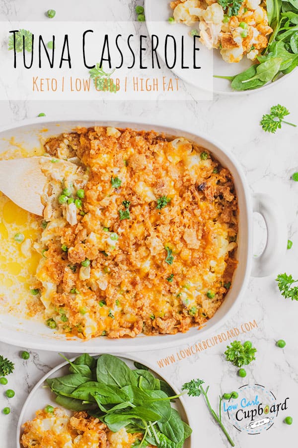 Easy to make keto Tuna Casserole recipe. This delicious low carb meal is made with tuna, cauliflower, and pork rinds. A delicious keto casserole. #ketocasserole #tunacasserole