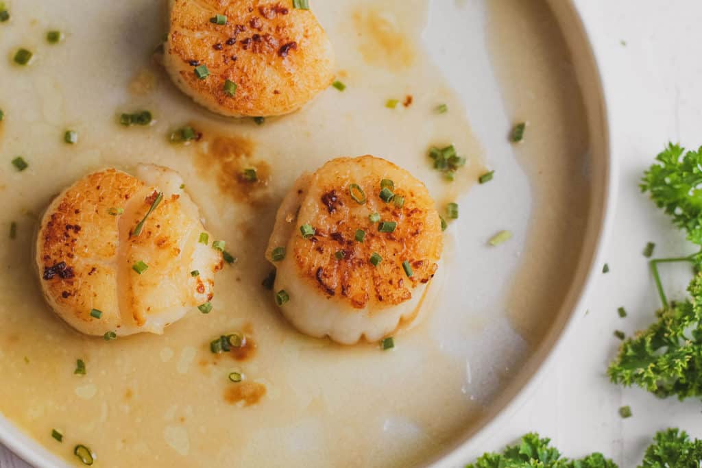 Keto Pan Seared Scallops on a white plate with fresh herbs on the side.
