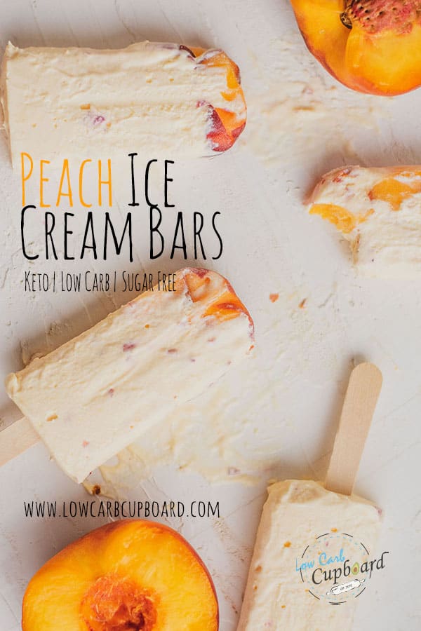 Creamy & delicious keto Peach Ice Cream Bars recipe. 5 minute prep low carb ice cream with fresh and juicy peaches! A tasty sugar free treat. #ketoicecream #lowcarbicecream #sugarfreepopsicle