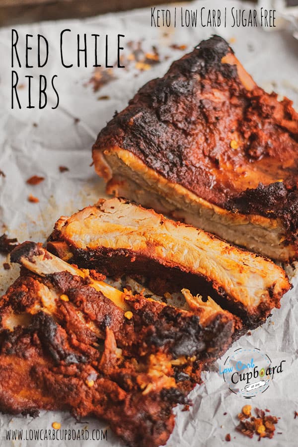 New Mexico Red Chile Ribs Keto Recipe. These low carb ribs are so tender they fall of the bone. Easy to make two step recipe. #ketoredchileribs #lowcarbribs