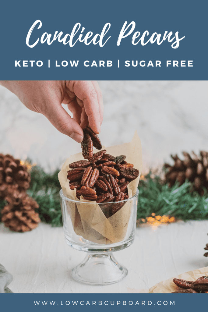 Easy to make low carb and keto Candied Pecans recipe. The perfect keto snack and dessert to serve during the holiday's. #ketocandiedpecans 